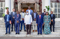 Ugandan President Yoweri Museveni with delegates from Jospong Group in a group picture