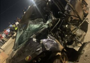 Photo of damaged vehicle from accident scene.