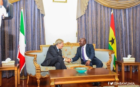 The Italian Prime Minister in a handshake with Vice-President Dr Mahamudu Bawumia
