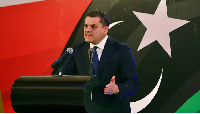 Libyan PM-designate Abdul Hamid Mohammed Dbeibah speaks during a news conference in Tripoli