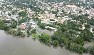 Photo of buildings submerged by flood