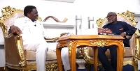 Archbishop Charles Agyinasare (L) interviewing Ambassador Kabral Blay-Amihere (R)