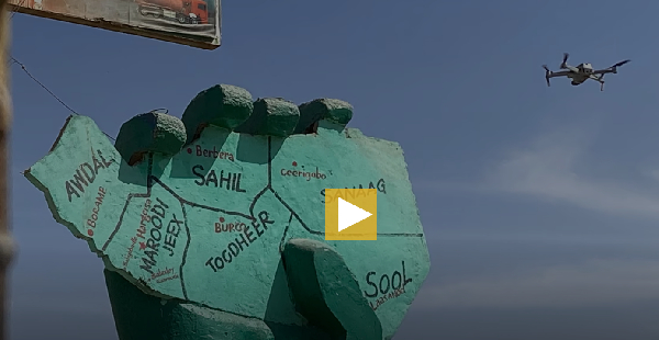 A drone buzzes over a statue in the Somaliland capital of Hargeisa, Feb. 9, 2022