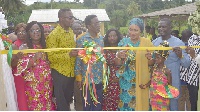 Samira Bawumia (2nd right) cutting the tape to inaugurate the classroom block