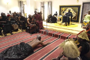 Nana Boakye Darkwa on the floor begging Okyenhene after being destooled