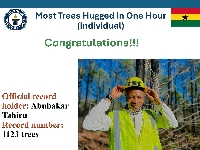 Abubakar now holds the World Record for the ost Trees Hugged in One Hour by an individual