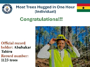 Abubakar now holds the World Record for the Most Trees Hugged in One Hour by an individual