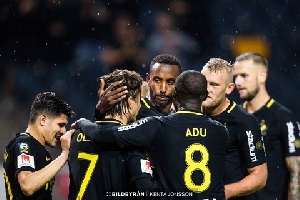 Adu Kofi joins his teammates to celebrate their second goal