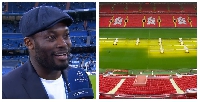 Michael Essien (left) and a shot of the Anfield Stadium