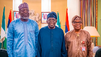 R-L:  Dr. Omar Alieu Touray; President Bola Ahmed Tinubu and  Ambassador Sola Enikanolaiye