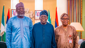R-L:  Dr. Omar Alieu Touray; President Bola Ahmed Tinubu and  Ambassador Sola Enikanolaiye