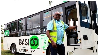 The Chief Revenue Officer of BasiGo Bus Company Moses Nderitu showcase the new modern Electric Bus