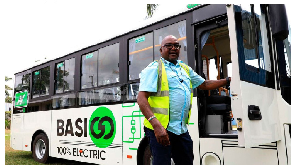 The Chief Revenue Officer of BasiGo Bus Company Moses Nderitu showcase the new modern Electric Bus