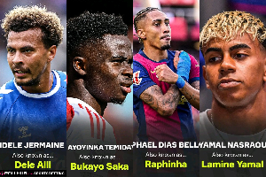 (L-R) Dele Ali, Bukayo Saka, Raphinha and Lamine Yamal