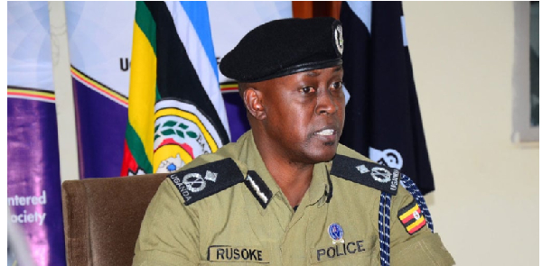 Police spokesman Kituuma Rusoke speaks to the media during a press briefing in Kampala