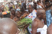 Asantehene, Otumfuo Osei Tutu II, placing his hands on leaves before he sat in state to receive visi