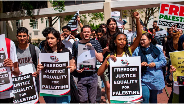 Demonstrators hold placards in support of Palestine in Stellenbosch, South Africa