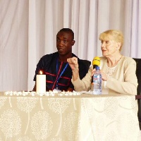 Betty Williams speaking at the 2017 PeaceJam Ghana Youth leadership Conference