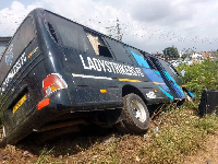 The state of the Lady Strikers team bus after it veered off the road