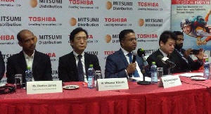 Santosh Varghese (middle), flanked by other officials of Toshiba, addressing journalists