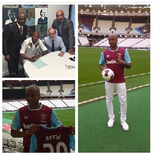 Dede Ayew with his father, Abedi Ayew Pele during the signing at West Ham