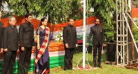 Amb. Sugandh Rajaram (fourth from left) and other dignitaries after the flag hoisting