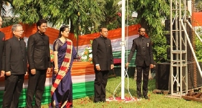 Amb. Sugandh Rajaram (fourth from left) and other dignitaries after the flag hoisting