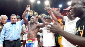 Emmanuel Tagoe after defeating Moses Paulus from Namibia this morning at the Bukom Boxing Arena