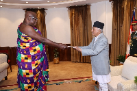 Photo of Ambassador Kojo Bonsu presenting his letters of credence to the President of Nepal