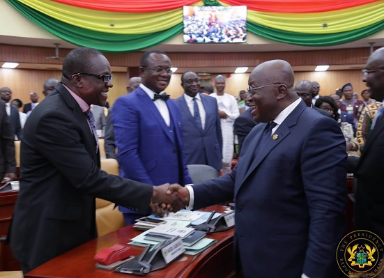 Alban Bagbin exchanges pleasantries with President Akufo-Addo in Parliament