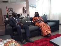 Professor Kwamena Kwansah-Aidoo explaining a point to the Minister of Communications, Ursula Owusu