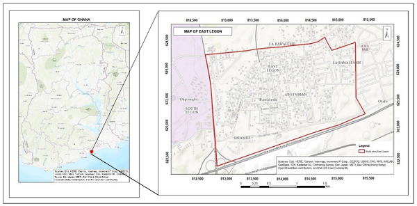 Map of East Legon in Accra Image Source [Esri Topographical Map Land Use and Spatial Planning]