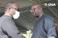 Kwesi Nyantakyi and Kurt Okraku exchanging pleasantries