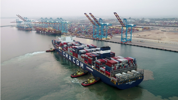 Aerial view of the Lady CMA CGM Scandola Valetta during berthing at MPS T3