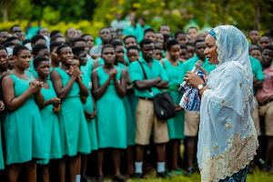 Samira Bawumia with some free SHS beneficiaries