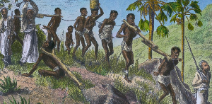 A picture of slaves being chained