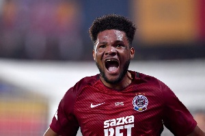 Benjamin Tetteh celebrates the goal he scored in the Prague derby