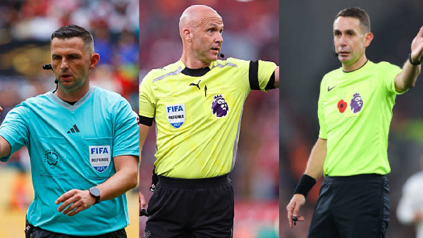 Michael Oliver (L), Anthony Taylor (M) and David Coote (R)