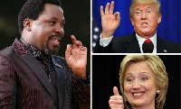 T. B. Joshua (L), Donald Trump (Right up),   Hillary Clinton (Right Down)