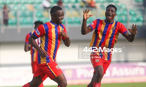 Hearts of Oak players celebrating a goal