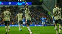Ajax midfielder, Kudus Mohammed celebrating his goal against Rangers