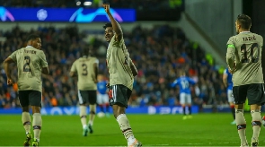 Ajax midfielder, Kudus Mohammed celebrating his goal against Rangers