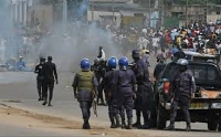 A scene of a clash between residents and police personnel