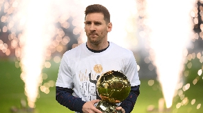 Paris Saint-German star, Lionel Messi present his 2021 Ballon d'Or award to PSG fans