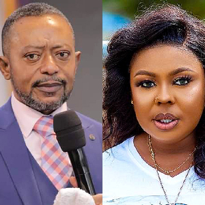 File photo of Apostle Isaac Owusu Bempah preaching in his church and Afia Schwarzenegger