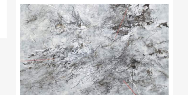 A section of Julie Mehretu's abstract piece Walkers With the Dawn and Morning