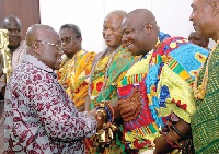 Akufo-Addo interacting with some Chiefs who paid a courtesy call on him at the Flagstaff House