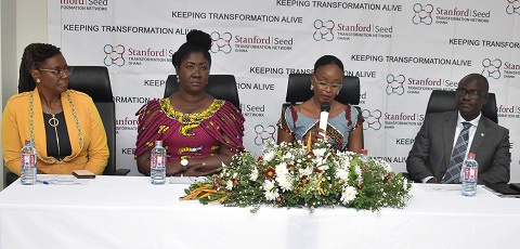 Madam Constance Swaniker (2nd from right) addressing the media