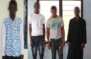 Dennis Boakye (left) and three suspects in the lotto agent murder (right)