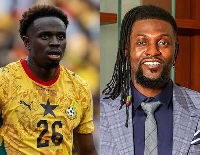Black Stars defender Marvin Senaya and legendary footbnaller Emmanuel Adebayor